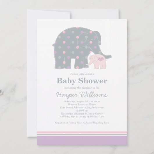 マザーエレファントピンクと紫の点のベビーシャワー 招待状 (正面)
