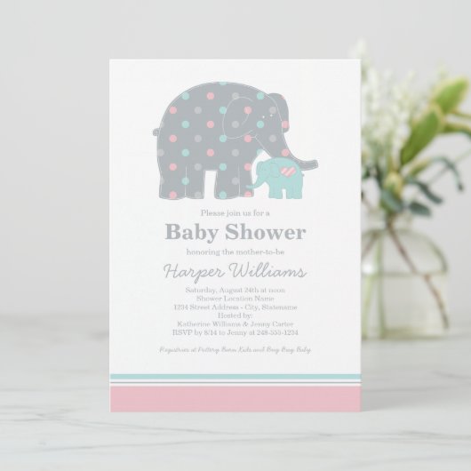 マザーエレファントピンクアンドアクアドットベビーシャワー 招待状 (スタンド正面)