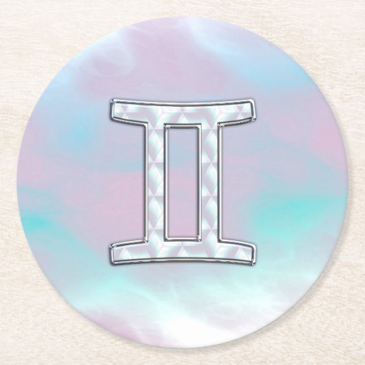 マザーオブパールスタイルジェミニ〔占星術の〕十二宮図シンボル ラウンドペーパーコースター (正面)