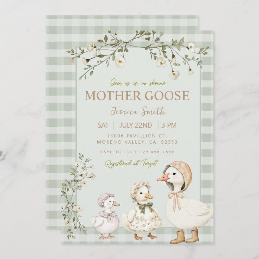 マザーグースとゴスリング赤ちゃんシャワー 招待状 (正面/裏面)