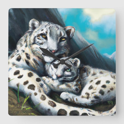 マザースノーヒョウとカッブin the Mountains スクエア壁時計 (正面)