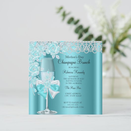 マザーズデイかわいらしティール(緑がかった色)バラシャンパンブランチ2B 招待状 (スタンド正面)