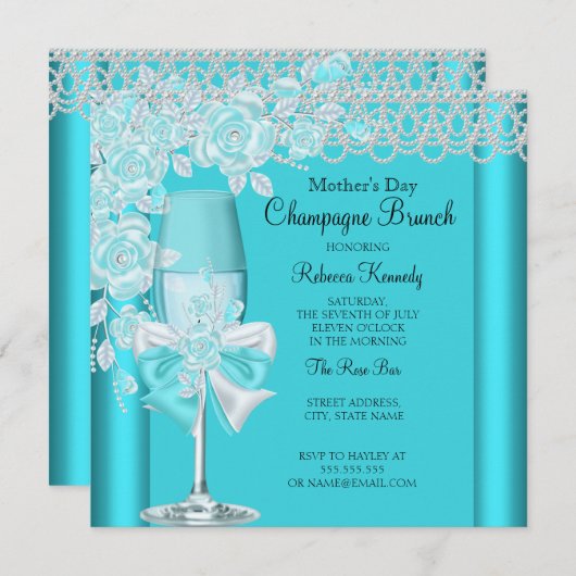 マザーズデイかわいらしティール(緑がかった色)バラシャンパンブランチ2C 招待状 (正面/裏面)