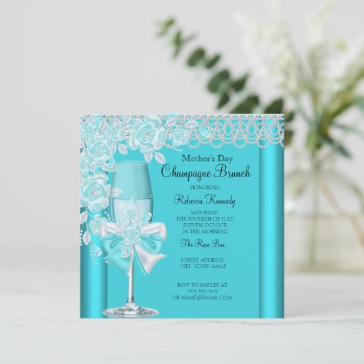 マザーズデイかわいらしティール(緑がかった色)バラシャンパンブランチ2C 招待状 (スタンド正面)
