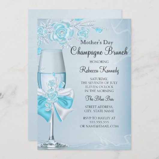 マザーズデイかわいらしティール(緑がかった色)バラシャンパンブランチ 招待状 (正面/裏面)