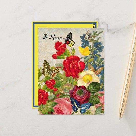 マザーズデイガーデンカーネーションバラ蝶 ポストカード (正面/裏面インサイチュ)