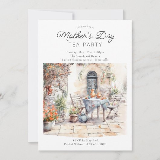 マザーズデイティーパーティーウォーターカラーガーデンコートヤード 招待状 (正面)