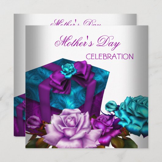 マザーズデイパープルティール（緑がかった色）ピンクローズフローラ花 招待状 (正面/裏面)