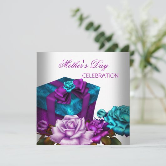 マザーズデイパープルティール(緑がかった色)ピンクローズフローラ花 招待状 (スタンド正面)