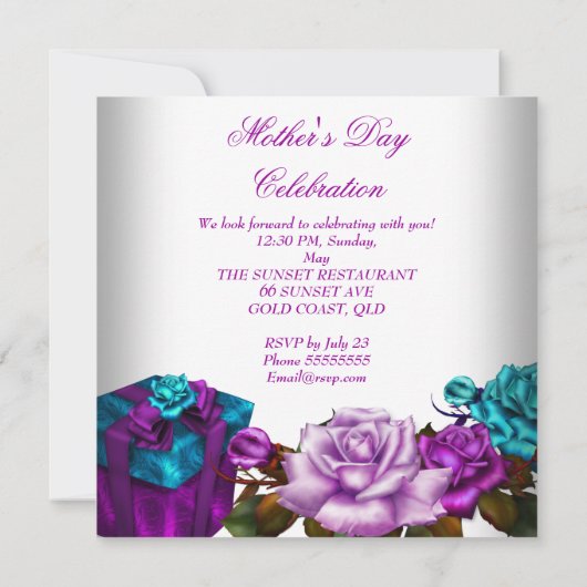 マザーズデイパープルティール（緑がかった色）ピンクローズフローラ花 招待状 (裏面)