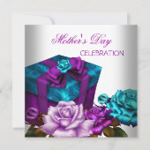 マザーズデイパープルティール（緑がかった色）ピンクローズフローラ花 招待状 (正面)