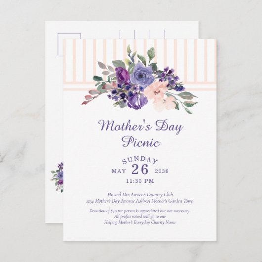 マザーズデイピクニックフローラ水彩紫 インビテーションポストカード (正面/裏面)