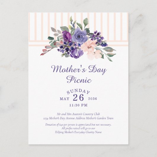 マザーズデイピクニックフローラ水彩紫 インビテーションポストカード (正面)
