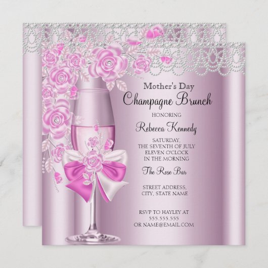 マザーズデイピンクかわいらしローズシャンパンブランチ2B 招待状 (正面/裏面)
