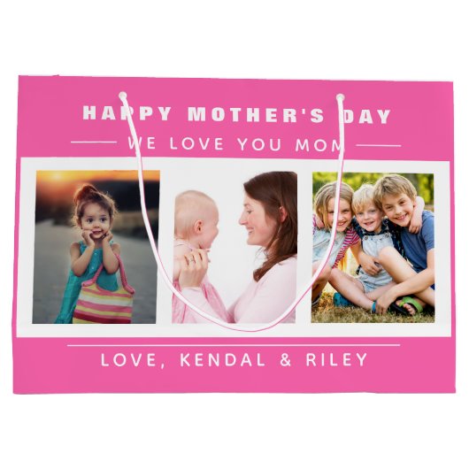 マザーズデイフォトコラージュピンクカスタム ラージペーパーバッグ (裏面)