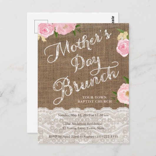 マザーズデイブランチ招待状ピンク素朴フローラ ポストカード (正面/裏面)