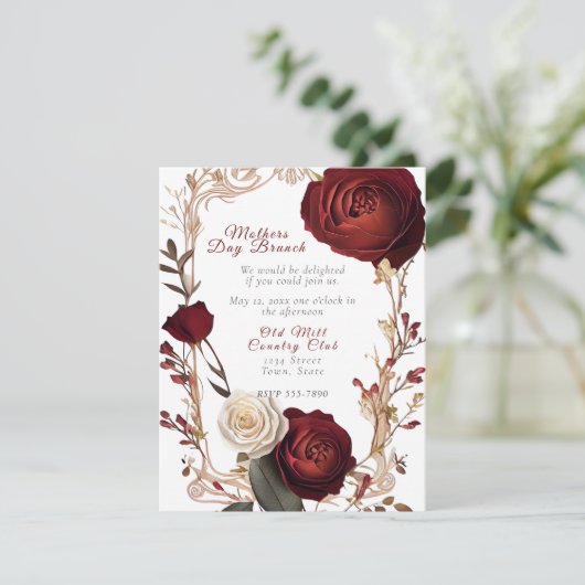 マザーズデイブランチ赤エレガント白バラ 招待状 (スタンド正面)