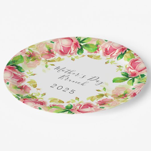 マザーズデイブランチ – ピンクのバラ ペーパープレート (アングル)