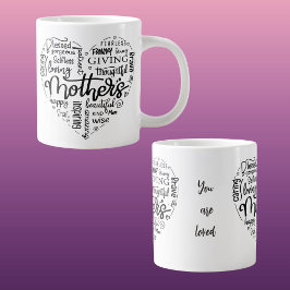 マザーズデイモダンブラックタイポグラフィハート ジャンボコーヒーマグカップ