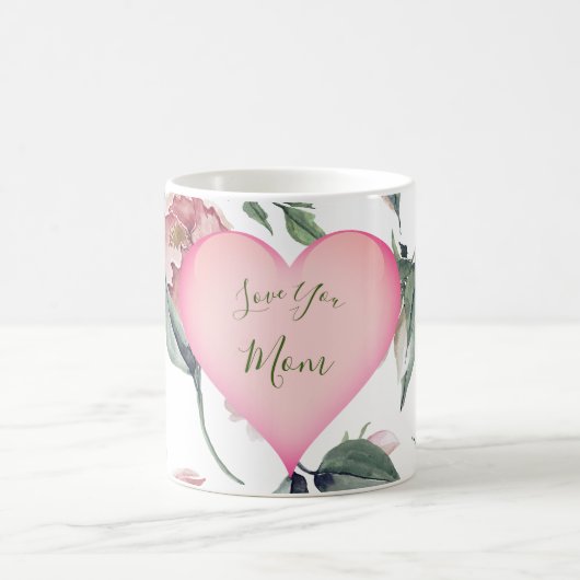 マザーズ日シンプルフローラピンクハートパーソナル コーヒーマグカップ (中央)