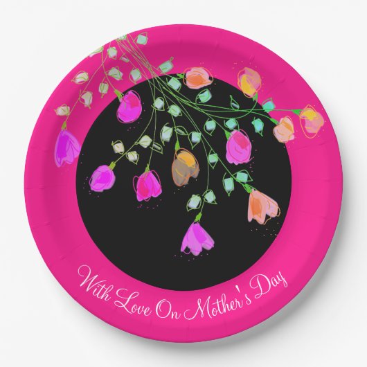 マザーズ・デイ明るいピンクの紙花のプレート ペーパープレート (正面)