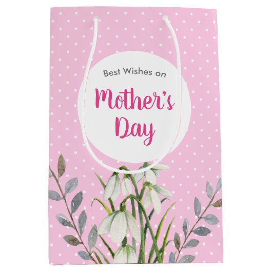 マザーズ・デイ白い雪だるまピンクの水玉模様 ミディアムペーパーバッグ (正面)