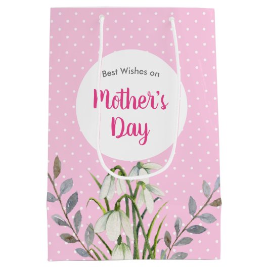 マザーズ・デイ白い雪だるまピンクの水玉模様 ミディアムペーパーバッグ (裏面)