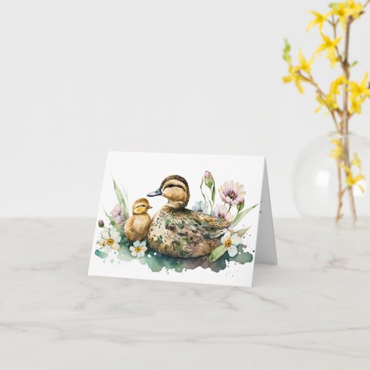 マザーダックとひよこ 水彩 グリーティングカード (黄色い花)