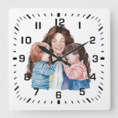 マザーハギングチルドレンズウォーターカラーアート スクエア壁時計 (正面)