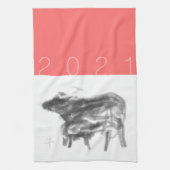 マザーバッファローと彼女の中国の子牛の年KT キッチンタオル (縦)