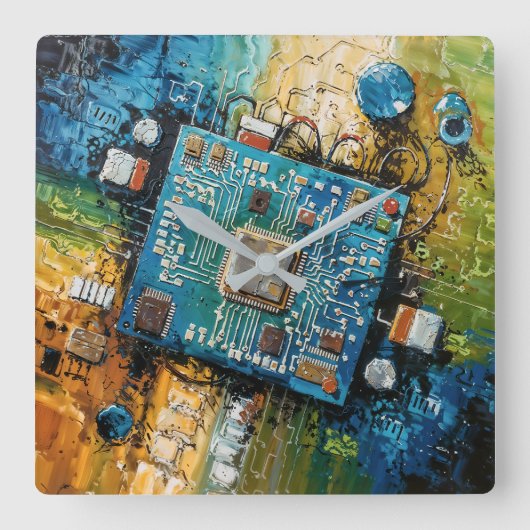 マザーボード - 抽象的なコンピューターテクノロジーアート スクエア壁時計 (正面)
