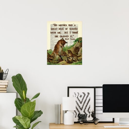 マザーマークトウェインキツネアートアンティーク辞書ページ ポスター (ホームオフィス)