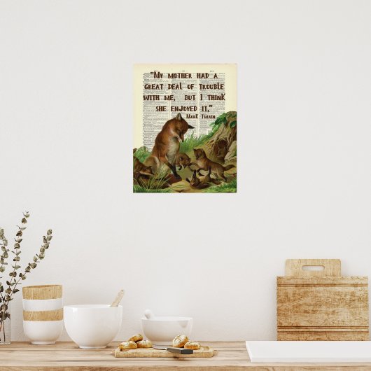 マザーマークトウェインキツネアートアンティーク辞書ページ ポスター (キッチン)