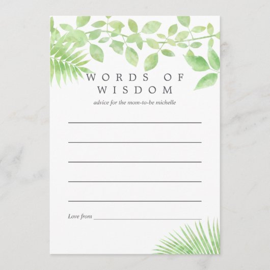 マザー用水彩緑色赤ちゃんシャワーアドバイス アドバイスカード (正面)