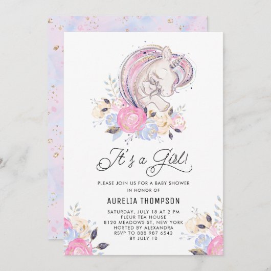 マザー＆ベイビーユニコーン ガールベビーシャワー 招待状 (正面/裏面)