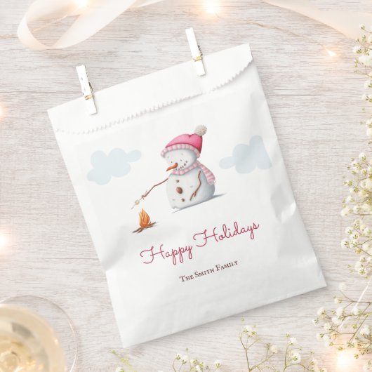 マシュマロを焼くかわいい雪だるま フェイバーバッグ (クリップ留めされた状態)