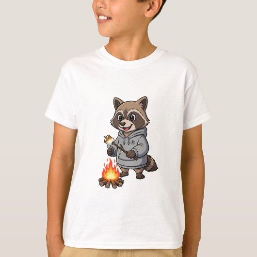マシュマロを焼くアライグマのパーカー キッズ Tシャツ (正面)