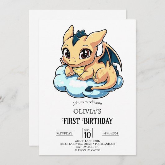 マジェスティックミニマリストデジタルドラゴン1st誕生日 招待状 (正面/裏面)