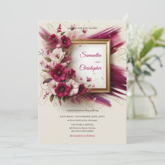 マジエレガントタ色の花と金ゴールドフレ結婚ーム 招待状 (スタンド正面)