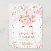 マジカガーリールユニコーン誕生日ピンク金ゴールドハート 招待状 (正面)
