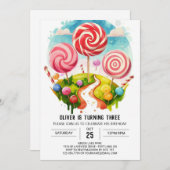 マジカルおもしろい棒つきキャンデー誕生日 招待状 (正面/裏面)