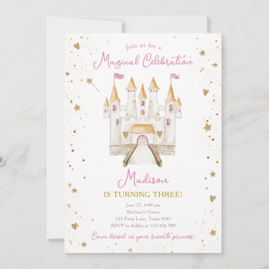 マジカルお祝いプリンセスキャッスルガール誕生日 招待状 (正面)