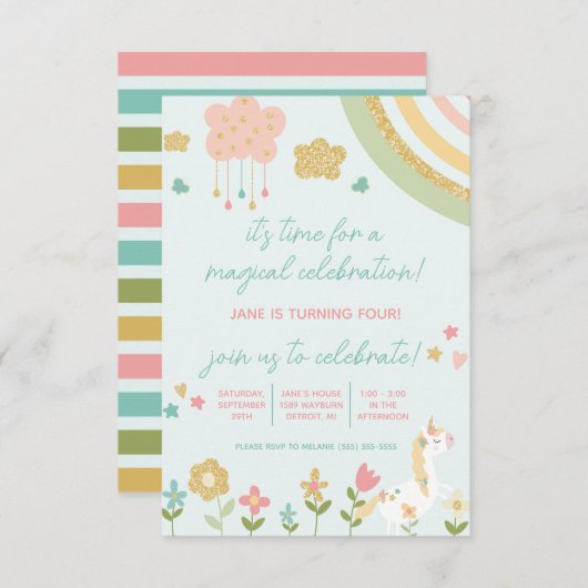 マジカルお祝い、ユニコーン、レインボー誕生日 招待状 (正面/裏面)