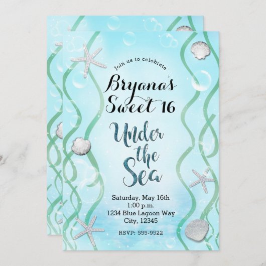マジカルアンダーザシーソフトブルースウィート16誕生日 招待状 (正面/裏面)