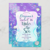 マジカルアンダーザシーパープルティール(緑がかった色)スウィート16パーティー 招待状 (正面/裏面)