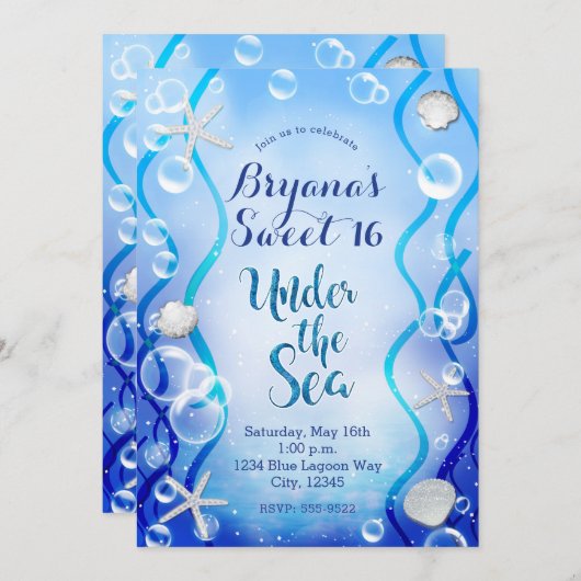 マジカルアンダーザシーブルーフェードスウィート16誕生日 招待状 (正面/裏面)