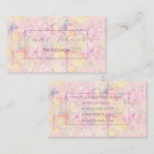 マジカルイエローローズピンクフローラデザイン 名刺 (正面/裏面)