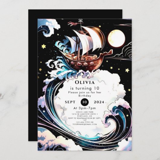 マジカルウォーターカラーマテイパイレーツ誕生日 招待状 (正面/裏面)