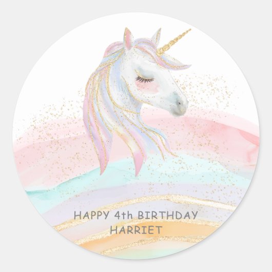 マジカルウォーターカラー レインボーユニコーン 誕生日 ラウンドシール (正面)