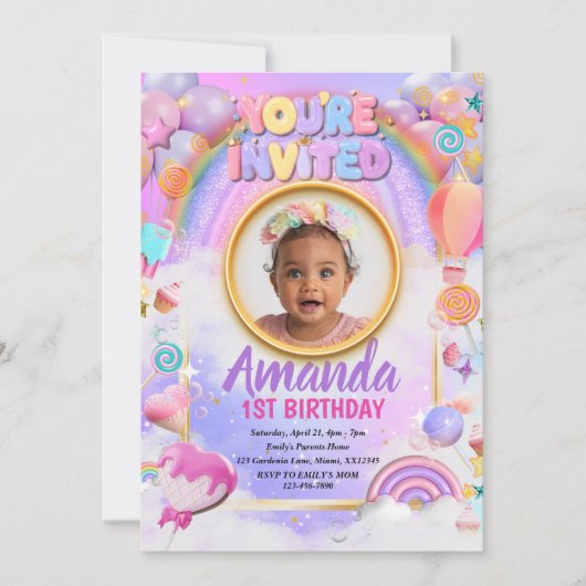 マジカルカラフルレインボー子供の誕生日招待状 招待状 (正面)